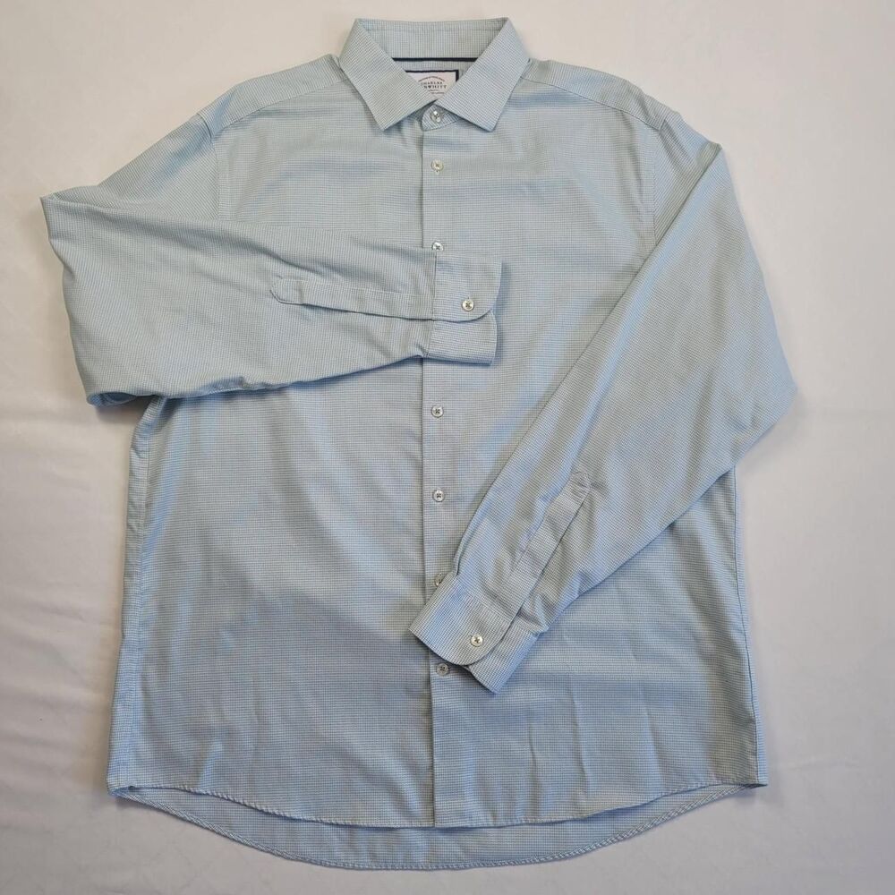 Charles Tyrwhitt Dress Shirt 17.5/44 Sky Blue Non-Iron Checked Light Academia